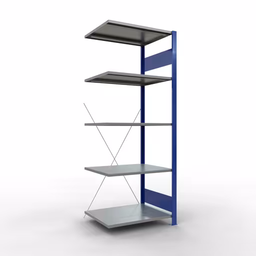 Anbauregal, Fachbodenregal Stecksystem MULTIplus150, 2000 x 750 x 600 mm (HxBxT), 5 Fachböden, Kreuzstrebe, RAL 5010 enzianblau/verzinkt/verzinkt aus der Kategorie Anbauregal mit der Artikelnummer 12765-75-B