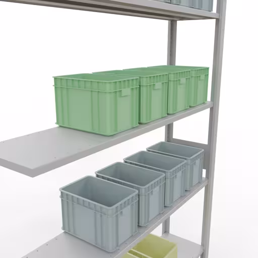 Produktbild Nr.7 des Artikels Anbauregal, Fachbodenregal Stecksystem MULTIplus150, 3000 x 1300 x 300 mm (HxBxT), 7 Fachböden, Längenriegel, RAL 7035 lichtgrau aus der Produktreihe Stecksystem von der Marke Schulte Lagertechnik