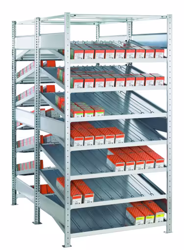 Grundregal, Doppel-Kanbanregal MULTIplus150, 2000 x 1000 x 2x800 mm (HxBxT), verzinkt, 2x(7+1) Fachböden, mit Trenn- und Seitenführungen aus der Kategorie Kanbanregale mit der Artikelnummer 13652