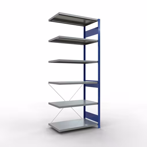 Anbauregal, Fachbodenregal Stecksystem MULTIplus330, 2500 x 1000 x 600 mm (HxBxT), 6 Fachböden, Kreuzstrebe, RAL 5010 enzianblau/verzinkt aus der Kategorie Anbauregal mit der Artikelnummer 13966-B