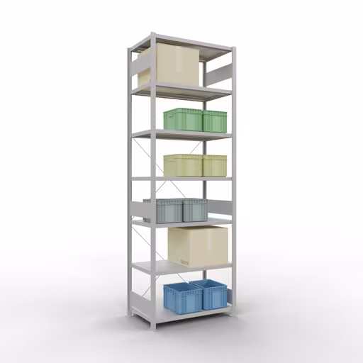 Abbildung Nr 13 des Artikels Grundregal, Fachbodenregal Stecksystem MULTIplus330, 3000 x 1000 x 600 mm (HxBxT), 7 Fachböden, Kreuzstrebe, RAL 7035 lichtgrau aus der Produktgruppe Stecksystem von der Marke Schulte Lagertechnik