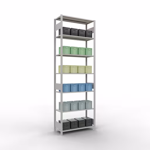 Zusatzbild des Artikels Grundregal, Fachbodenregal Stecksystem MULTIplus150, 3000 x 1000 x 400 mm (HxBxT), 7 Fachböden, Längenriegel, RAL 7035 lichtgrau aus Grundregal