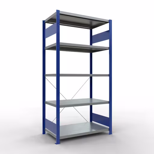Grundregal, Fachbodenregal Stecksystem MULTIplus250, 2000 x 1000 x 600 mm (HxBxT), 5 Fachböden, Kreuzstrebe, RAL 5010 enzianblau/verzinkt von Schulte Lagertechnik mit der Artikelnr. 12960-B