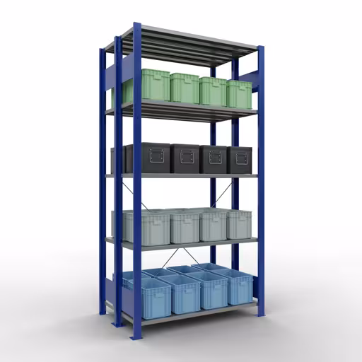 Andere Ansicht des Artikels Grundregal, Doppelregal, Fachbodenregal Stecksystem MULTIplus150, 2000 x 1000 x (2x300) mm (HxBxT), 2x5 Fachböden, Kreuzstrebe, RAL 5010 enzianblau aus der Kategorie Fachbodenregale