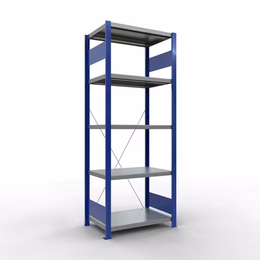 Grundregal, Fachbodenregal Stecksystem MULTIplus250, 2000 x 750 x 500 mm (HxBxT), 5 Fachböden, Kreuzstrebe, RAL 5010 enzianblau/verzinkt/verzinkt aus der Kategorie Grundregal mit der Artikelnummer 12950-75-B