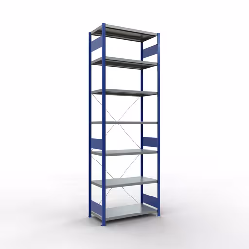 Grundregal, Fachbodenregal Stecksystem MULTIplus250, 3000 x 1000 x 500 mm (HxBxT), 7 Fachböden, Kreuzstrebe, RAL 5010 enzianblau/verzinkt aus der Kategorie Grundregal mit der Artikelnummer 12952-B