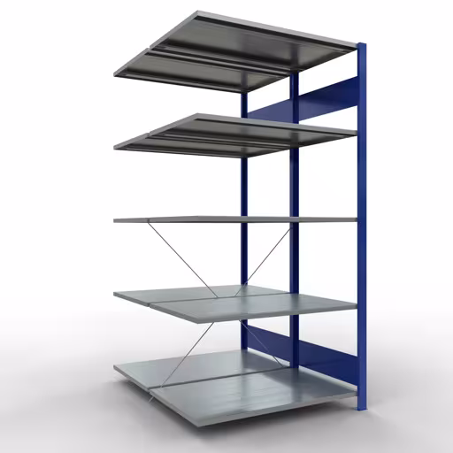 Anbauregal, Doppelregal, Fachbodenregal Stecksystem MULTIplus150, 2000 x 1000 x (2x600) mm (HxBxT), 2x5 Fachböden, Kreuzstrebe, RAL 5010 enzianblau aus der Kategorie Doppelregale mit der Artikelnummer 32765-B