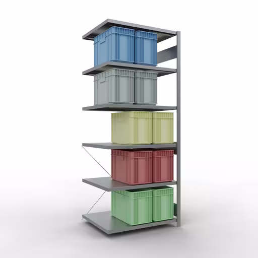 Produktbild Nr.6 des Artikels Anbauregal, Fachbodenregal Stecksystem MULTIplus250, 2500 x 1000 x 800 mm (HxBxT), 6 Fachböden, Kreuzstrebe, verzinkt aus der Produktreihe Stecksystem von der Marke Schulte Lagertechnik