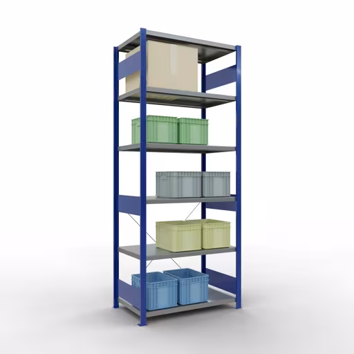Grundregal, Fachbodenregal Stecksystem MULTIplus330, 2500 x 1000 x 600 mm (HxBxT), 6 Fachböden, Kreuzstrebe, RAL 5010 enzianblau/verzinkt von der Marke Schulte Lagertechnik aus der Produktreihe Stecksystem