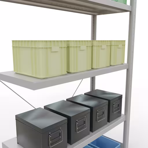 Abbildung Nr 15 des Artikels Anbauregal, Fachbodenregal Stecksystem MULTIplus330, 2000 x 1000 x 400 mm (HxBxT), 5 Fachböden, Kreuzstrebe, RAL 7035 lichtgrau aus der Produktgruppe Stecksystem von der Marke Schulte Lagertechnik