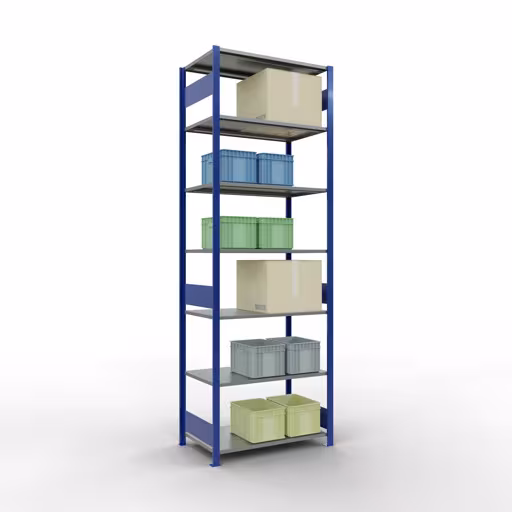 Grundregal, Fachbodenregal Stecksystem MULTIplus85, 3000 x 1000 x 600 mm (HxBxT), 7 Fachböden, Längenriegel, RAL 5010 enzianblau von der Marke Schulte Lagertechnik aus der Produktreihe Stecksystem