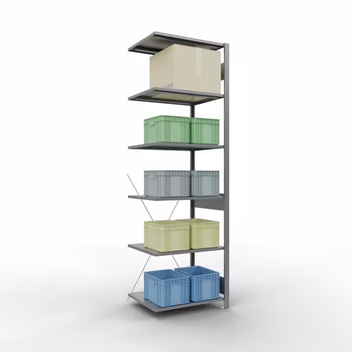 Anbauregal, Fachbodenregal Stecksystem MULTIplus150, 2500 x 750 x 600 mm (HxBxT), 6 Fachböden, Kreuzstrebe, verzinkt von der Marke Schulte Lagertechnik aus der Produktreihe Stecksystem
