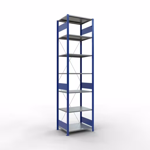 Grundregal, Fachbodenregal Stecksystem MULTIplus150, 3000 x 750 x 600 mm (HxBxT), 7 Fachböden, Kreuzstrebe, RAL 5010 enzianblau/verzinkt/verzinkt aus der Kategorie Grundregal mit der Artikelnummer 12762-75-B