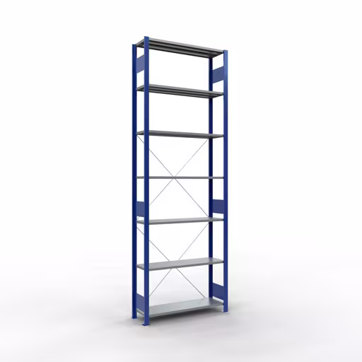 Grundregal, Fachbodenregal Stecksystem MULTIplus150, 3000 x 1000 x 300 mm (HxBxT), 7 Fachböden, Kreuzstrebe, RAL 5010/verzinkt aus der Kategorie Grundregal mit der Artikelnummer 12732-B