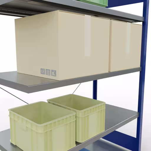 Abbildung Nr 15 des Artikels Anbauregal, Fachbodenregal Stecksystem MULTIplus250, 2000 x 1300 x 600 mm (HxBxT), 5 Fachböden, Kreuzstrebe, RAL 5010 enzianblau/verzinkt aus der Produktgruppe Stecksystem von der Marke Schulte Lagertechnik