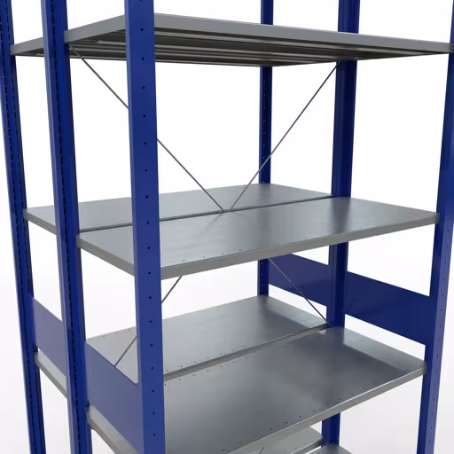 Produktbild Nr.11 des Artikels Grundregal, Doppelregal, Fachbodenregal Stecksystem MULTIplus150, 3000 x 1000 x (2x800) mm (HxBxT), 2x7 Fachböden, Kreuzstrebe, RAL 5010 enzianblau aus der Produktreihe Fachbodenregale von der Marke Schulte Lagertechnik