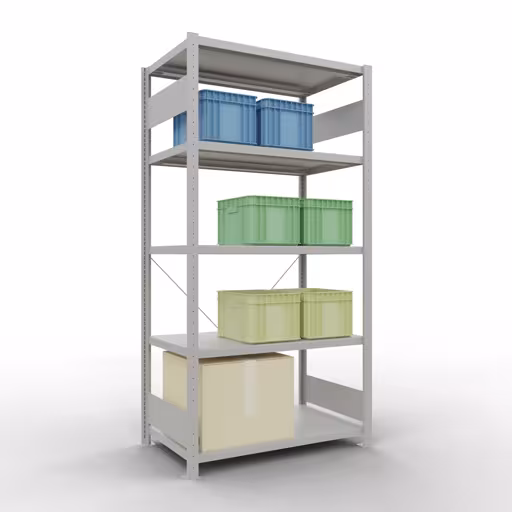 Grundregal, Fachbodenregal Stecksystem MULTIplus330, 2000 x 1000 x 600 mm (HxBxT), 5 Fachböden, Kreuzstrebe, RAL 7035 lichtgrau von der Marke Schulte Lagertechnik aus der Produktreihe Stecksystem