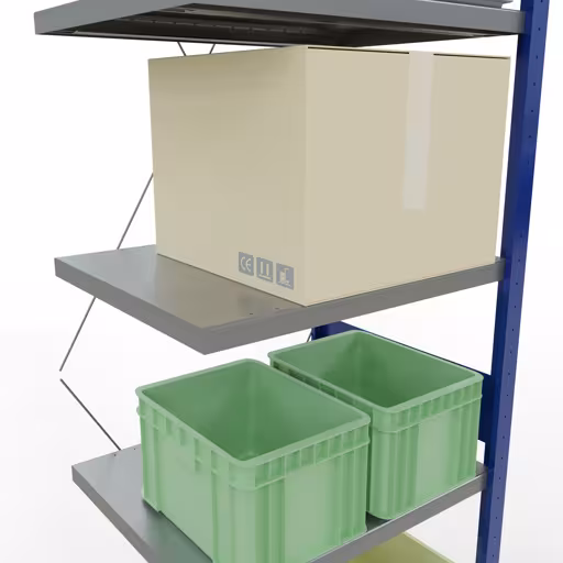 Zusatzbild des Artikels Anbauregal, Fachbodenregal Stecksystem MULTIplus250, 3000 x 750 x 600 mm (HxBxT), 7 Fachböden, Kreuzstrebe, RAL 5010 enzianblau/verzinkt/verzinkt aus Anbauregal