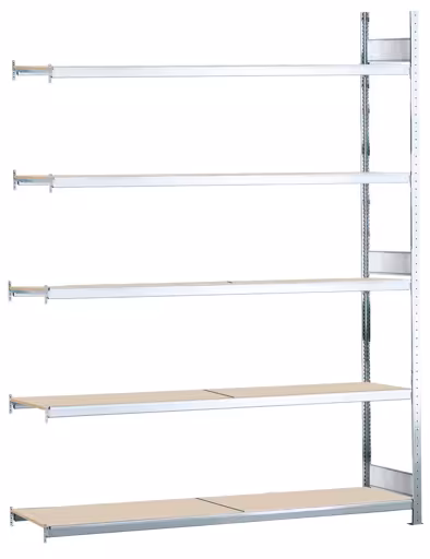 Anbauregal, Weitspannregal WS 2000 mit Spanplatten, 3000 x 2000 x 600 mm (HxBxT), verzinkt, 5 Ebenen, Fachlast 400 kg, Feldlast 2.000 kg aus der Kategorie WS2000 für Fachlasten bis 400kg mit der Artikelnummer 15765