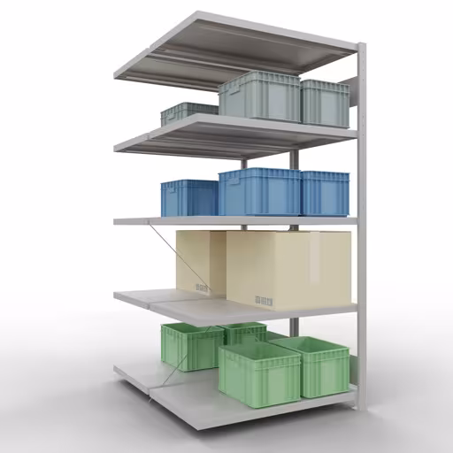 Zusatzbild des Artikels Anbauregal, Doppelregal, Fachbodenregal Stecksystem MULTIplus250, 2000 x 1000 x (2x600) mm (HxBxT), 2x5 Fachböden, Kreuzstrebe, RAL 7035 lichtgrau aus Doppelregale