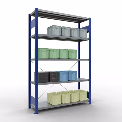 Abbildung Nr 13 des Artikels Grundregal, Fachbodenregal Stecksystem MULTIplus250, 2000 x 1300 x 400 mm (HxBxT), 5 Fachböden, Kreuzstrebe, RAL 5010 enzianblau/verzinkt aus der Produktgruppe Stecksystem von der Marke Schulte Lagertechnik