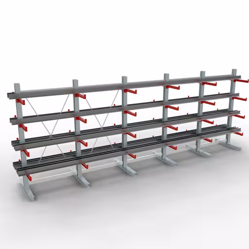 Abbildung Nr 7 des Artikels K 3000 Komplettregal, doppelseitig, 2500 x 6500 x 500 mm, RAL 7001 / RAL 3000, 5 Lagerebenen aus der Produktgruppe Kragarmregale von der Marke Schulte Lagertechnik