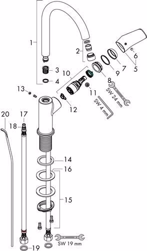 Technische Zeichnung 3982957 Hansgrohe Einhebel-Waschtischmischer LOGIS 210 Nennweite 15 mit Schwenkauslauf und Zugstangen-Ablaufgarnitur G 1 1/4 Zoll chrom