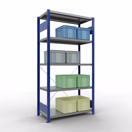 Produktbild Nr.6 des Artikels Grundregal, Fachbodenregal Stecksystem MULTIplus250, 2000 x 1000 x 500 mm (HxBxT), 5 Fachböden, Kreuzstrebe, RAL 5010 enzianblau/verzinkt aus der Produktreihe Stecksystem von der Marke Schulte Lagertechnik