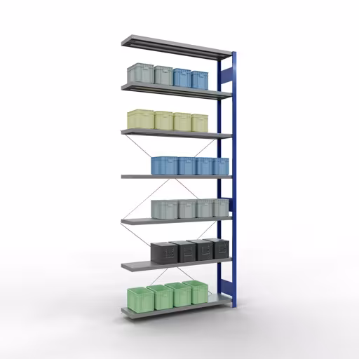 Abbildung Nr 14 des Artikels Anbauregal, Fachbodenregal Stecksystem MULTIplus250, 3000 x 1300 x 300 mm (HxBxT), 7 Fachböden, Kreuzstrebe, RAL 5010 enzianblau/verzinkt aus der Produktgruppe Stecksystem von der Marke Schulte Lagertechnik
