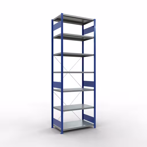 Grundregal, Fachbodenregal Stecksystem MULTIplus250, 3000 x 1000 x 600 mm (HxBxT), 7 Fachböden, Kreuzstrebe, RAL 5010 enzianblau/verzinkt aus der Kategorie Grundregal mit der Artikelnummer 12962-B