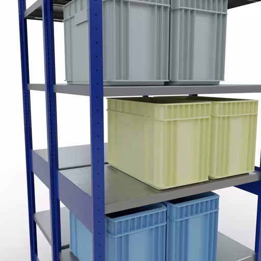Produktbild Nr.16 des Artikels Grundregal, Doppelregal, Fachbodenregal Stecksystem MULTIplus250, 2500 x 1000 x (2x600) mm (HxBxT), 2x6 Fachböden, Längenriegel, RAL 5010 enzianblau aus der Produktreihe Fachbodenregale von der Marke Schulte Lagertechnik