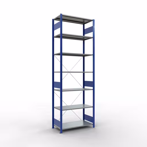 Grundregal, Fachbodenregal Stecksystem MULTIplus85, 3000 x 1000 x 500 mm (HxBxT), 7 Fachböden, Kreuzstrebe, RAL 5010 enzianblau aus der Kategorie Grundregal mit der Artikelnummer 13152-B