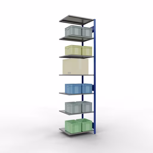 Andere Ansicht des Artikels Anbauregal, Fachbodenregal Stecksystem MULTIplus150, 3000 x 750 x 600 mm (HxBxT), 7 Fachböden, Längenriegel, RAL 5010 enzianblau/verzinkt/verzinkt aus der Kategorie Anbauregal