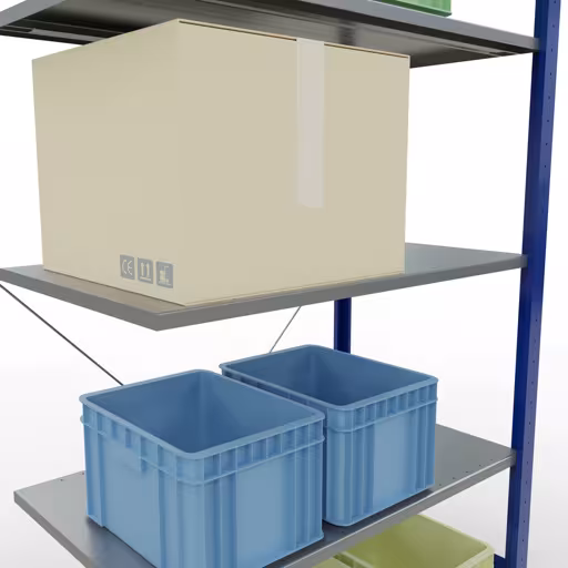 Produktbild Nr.8 des Artikels Anbauregal, Fachbodenregal Stecksystem MULTIplus150, 2000 x 1000 x 600 mm (HxBxT), 5 Fachböden, Kreuzstrebe, RAL 5010/verzinkt aus der Produktreihe Stecksystem von der Marke Schulte Lagertechnik