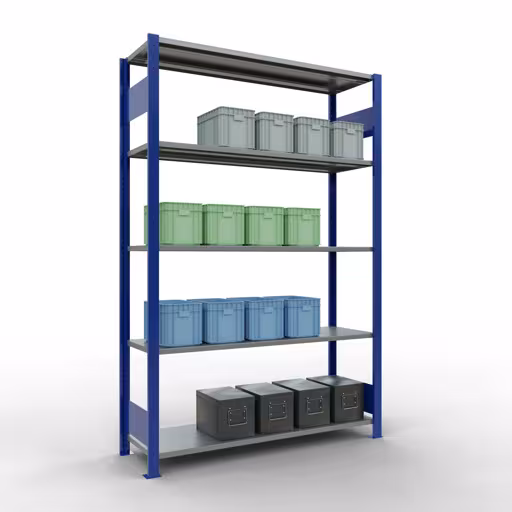 Andere Ansicht des Artikels Grundregal, Fachbodenregal Stecksystem MULTIplus150, 2000 x 1300 x 400 mm (HxBxT), 5 Fachböden, Längenriegel, RAL 5010 enzianblau/verzinkt aus der Kategorie Grundregal