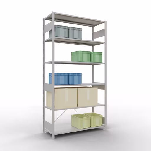 Stecksystem Grundregal 2500x1300x500 mm, Typ 150 kg, lichtgrau mit der GTIN 4004514251046 Stecksystem Grundregal 2500x1300x500 mm, Typ 150 kg, lichtgrau von Schulte Lagertechnik mit der Artikelnr. 32651-130