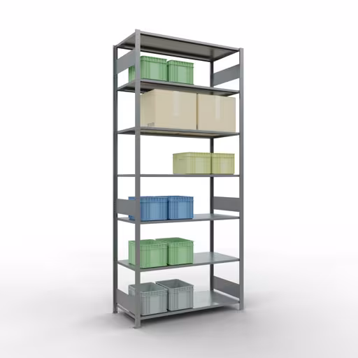 Produktbild Nr.12 des Artikels Grundregal, Fachbodenregal Stecksystem MULTIplus150, 3000 x 1300 x 600 mm (HxBxT), 7 Fachböden, Längenriegel, verzinkt aus der Produktreihe Stecksystem von der Marke Schulte Lagertechnik