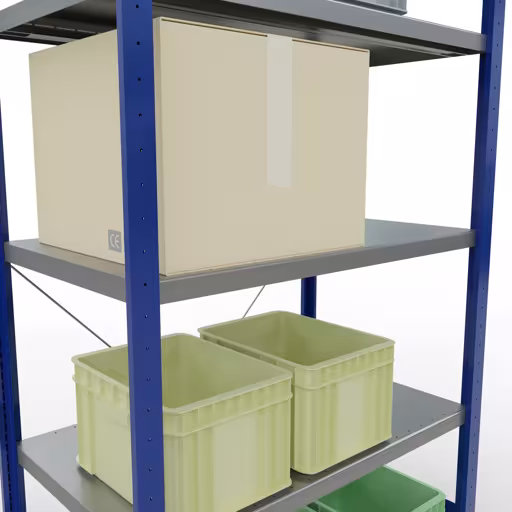 Grundregal, Fachbodenregal Stecksystem MULTIplus330, 2000 x 1000 x 600 mm (HxBxT), 5 Fachböden, Kreuzstrebe, RAL 5010 enzianblau/verzinkt aus der Kategorie Grundregal mit der GTIN 4004514250612 Grundregal, Fachbodenregal Stecksystem MULTIplus330, 2000 x 1000 x 600 mm (HxBxT), 5 Fachböden, Kreuzstrebe, RAL 5010 enzianblau/verzinkt von der Marke Schulte Lagertechnik aus der Produktreihe Stecksystem