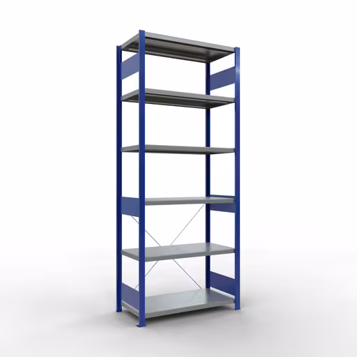 Grundregal, Fachbodenregal Stecksystem MULTIplus330, 2500 x 1000 x 500 mm (HxBxT), 6 Fachböden, Kreuzstrebe, RAL 5010 enzianblau/verzinkt aus der Kategorie Grundregal mit der Artikelnummer 13951-B