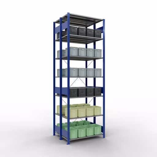 Produktbild Nr.13 des Artikels Grundregal, Doppelregal, Fachbodenregal Stecksystem MULTIplus150, 3000 x 1000 x (2x800) mm (HxBxT), 2x7 Fachböden, Kreuzstrebe, RAL 5010 enzianblau aus der Produktreihe Fachbodenregale von der Marke Schulte Lagertechnik