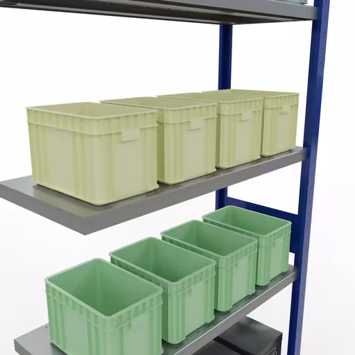 Abbildung Nr 15 des Artikels Anbauregal, Fachbodenregal Stecksystem MULTIplus330, 3000 x 1000 x 400 mm (HxBxT), 7 Fachböden, Längenriegel, RAL 5010 enzianblau/verzinkt aus der Produktgruppe Stecksystem von der Marke Schulte Lagertechnik