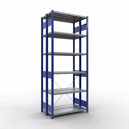 Grundregal, Doppelregal, Fachbodenregal Stecksystem MULTIplus250, 2500 x 1000 x (2x300) mm (HxBxT), 2x6 Fachböden, Kreuzstrebe, RAL 5010 enzianblau aus der Kategorie Doppelregale mit der Artikelnummer 32131-G-B