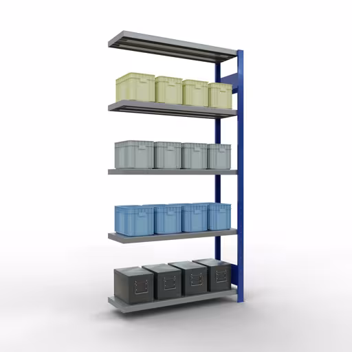Anbauregal, Fachbodenregal Stecksystem MULTIplus330, 2000 x 1000 x 300 mm (HxBxT), 5 Fachböden, Längenriegel, RAL 5010 enzianblau/verzinkt von der Marke Schulte Lagertechnik aus der Produktreihe Stecksystem