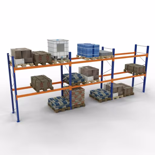 Produktbild Nr 16 des Artikels Palettenregal 3 Felder á 2700 mm - 5000x1100mm,HxT,12 Holme (1500kg) Abbildung Nr 16 des Artikels Palettenregal 3 Felder á 2700 mm - 5000x1100mm,HxT,12 Holme (1500kg) aus der Produktgruppe Palettenregale von der Marke Schulte Lagertechnik