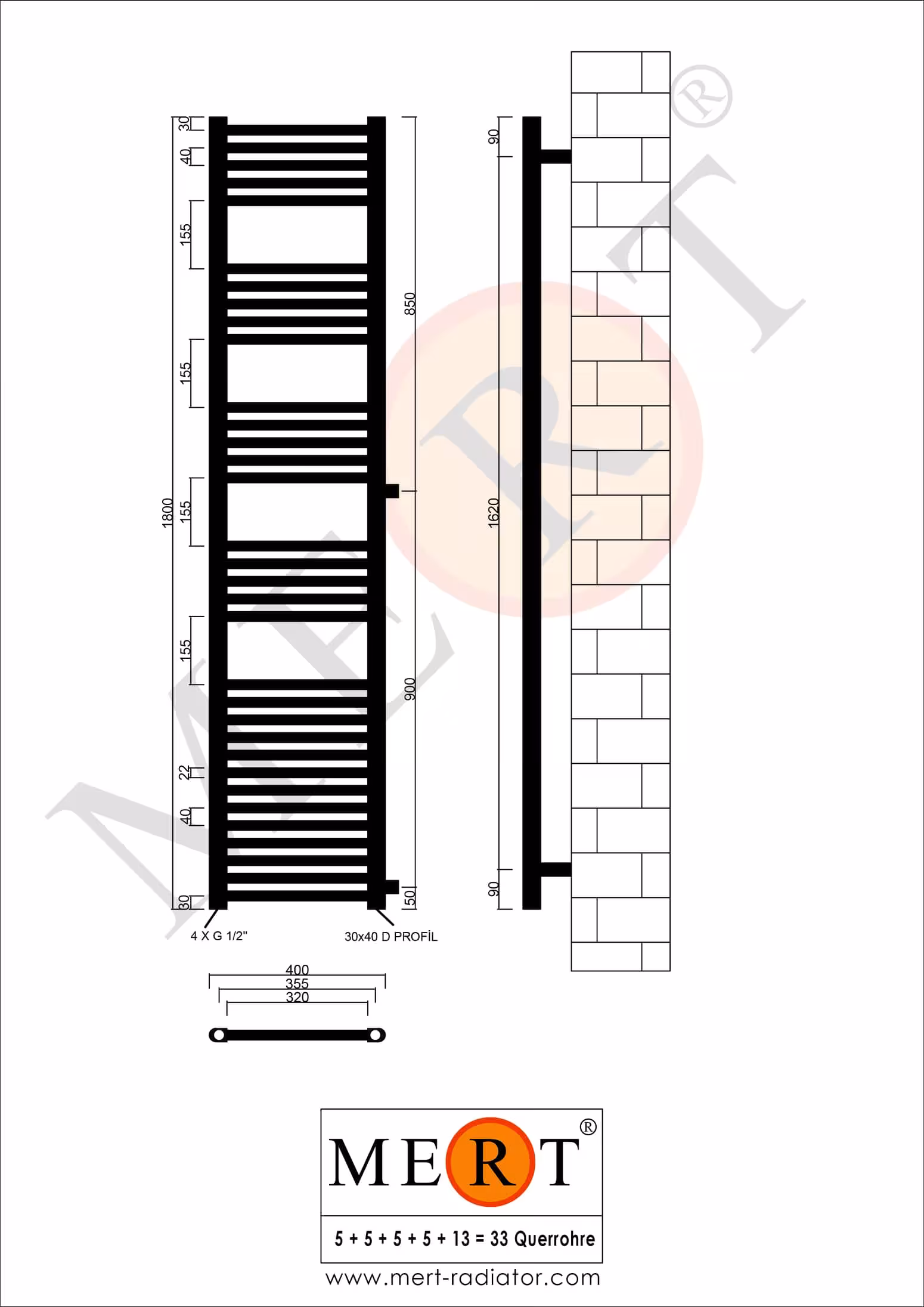 MERT Austausch Badheizkörper weiß gerade, Anschluss an der Seite Ausführung Größe: 400x1800 mm mit der GTIN 4260289851274 MERT Austausch Badheizkörper weiß gerade, 400*1800 mm, Anschluss an der Seite 900 mm von MERT mit der Artikelnr. 1-40x180-ASR-90