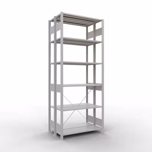 Grundregal, Doppelregal, Fachbodenregal Stecksystem MULTIplus150, 2500 x 1000 x (2x300) mm (HxBxT), 2x6 Fachböden, Kreuzstrebe, RAL 7035 lichtgrau aus der Kategorie Doppelregale mit der Artikelnummer 32731