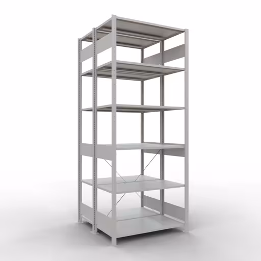 Andere Ansicht des Artikels Grundregal, Doppelregal, Fachbodenregal Stecksystem MULTIplus150, 2500 x 1000 x (2x500) mm (HxBxT), 2x6 Fachböden, Kreuzstrebe, RAL 7035 lichtgrau aus der Kategorie Fachbodenregale