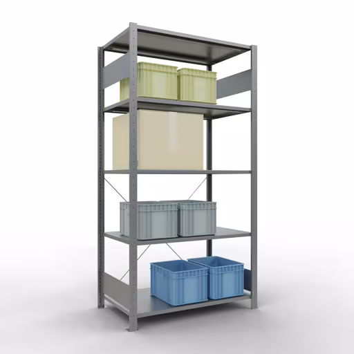 Produktbild Nr 15 des Artikels Grundregal, Fachbodenregal Stecksystem MULTIplus85, 2000 x 1000 x 600 mm (HxBxT), 5 Fachböden, Kreuzstrebe, verzinkt Abbildung Nr 15 des Artikels Grundregal, Fachbodenregal Stecksystem MULTIplus85, 2000 x 1000 x 600 mm (HxBxT), 5 Fachböden, Kreuzstrebe, verzinkt aus der Produktgruppe Stecksystem von der Marke Schulte Lagertechnik