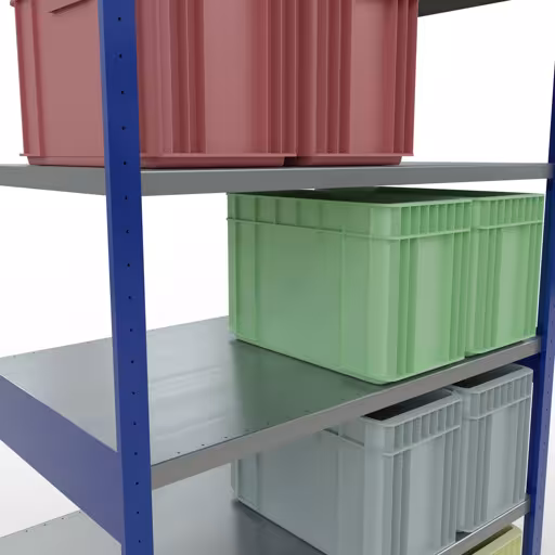 Zusatzbild des Artikels Grundregal, Fachbodenregal Stecksystem MULTIplus250, 2500 x 1300 x 800 mm (HxBxT), 6 Fachböden, Kreuzstrebe, RAL 5010 enzianblau/verzinkt aus Grundregal