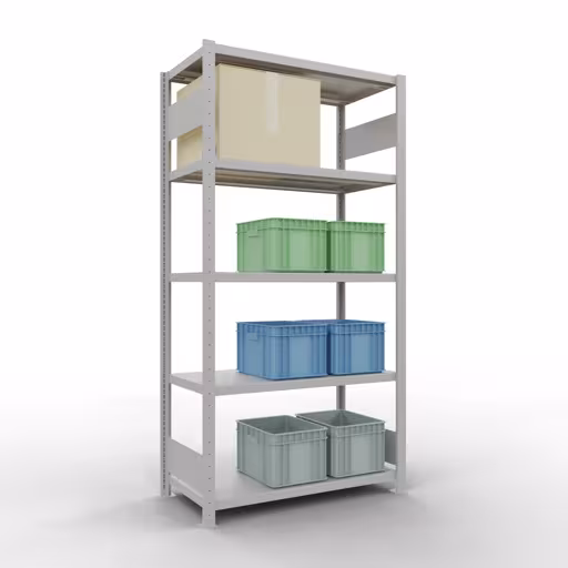 Abbildung Nr 14 des Artikels Grundregal, Fachbodenregal Stecksystem MULTIplus330, 2000 x 1000 x 500 mm (HxBxT), 5 Fachböden, Längenriegel, RAL 7035 lichtgrau aus der Produktgruppe Stecksystem von der Marke Schulte Lagertechnik